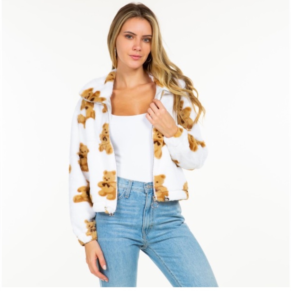 FIRE & FLEUR Teddy Bear Print‎ Zip Up Sweatshirt Jacket Hoodie Jrs 2XL fits XL